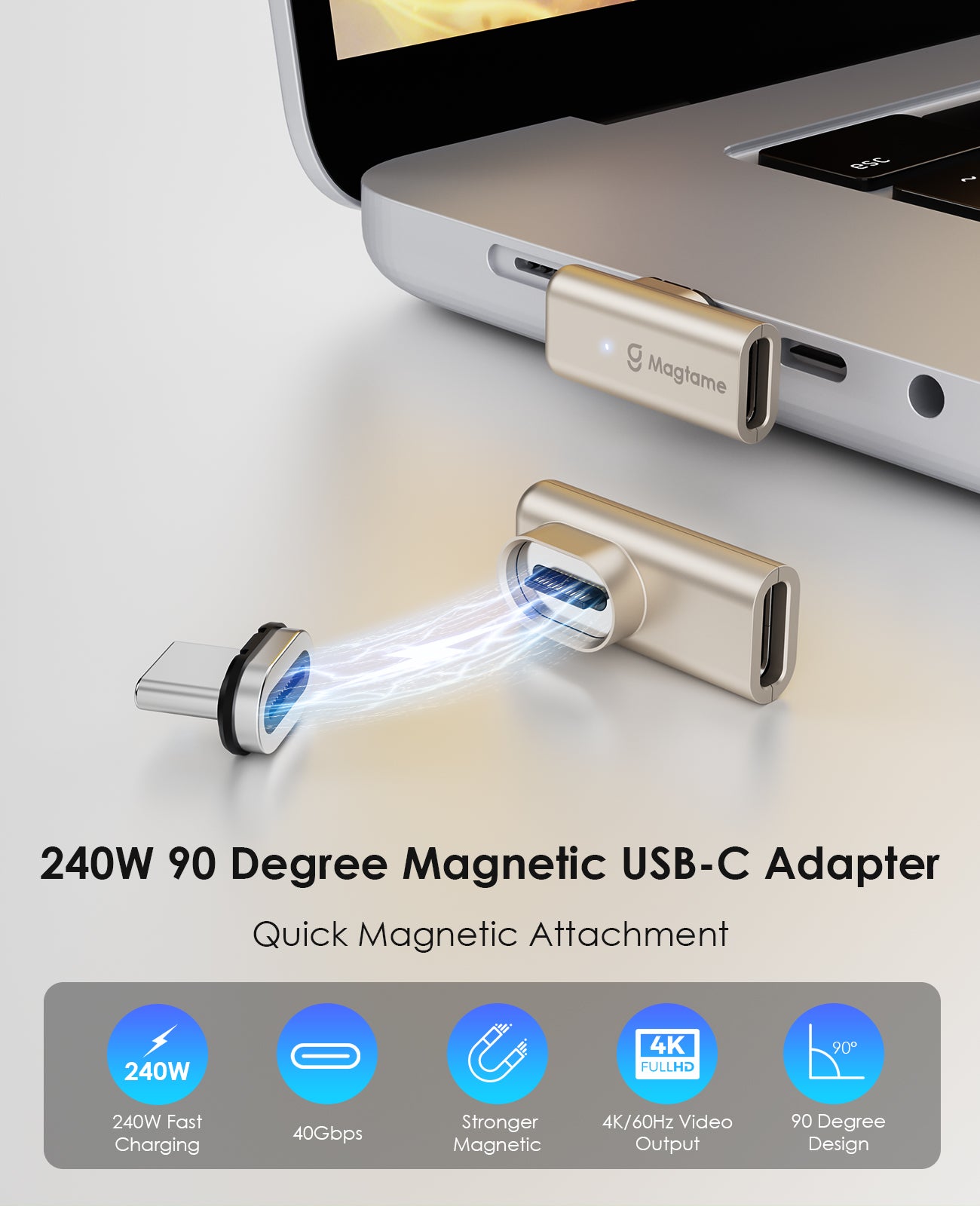 Magtame 240W 磁気 90 度 USB-C アダプター、40Gbps 