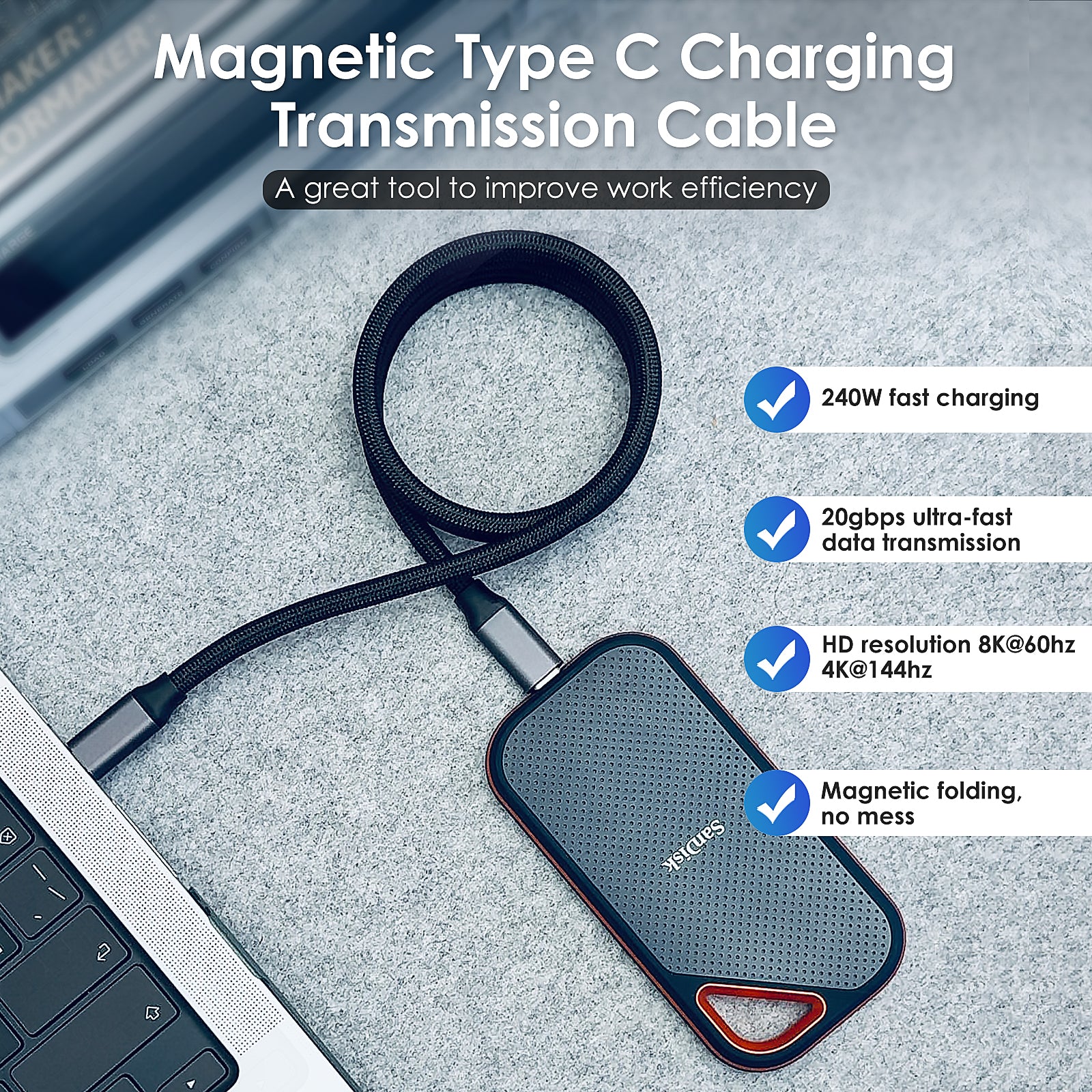 O-Magcable USB C - USB C ケーブル、20 Gbps データ転送、Thunderbolt プロトコル対応